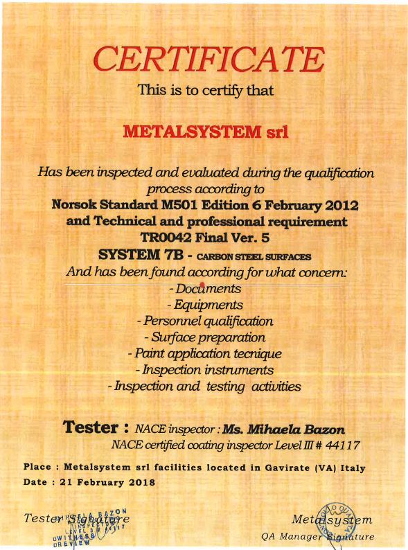 Metalsystem Srl - Norsok Standard M501 Vers. 5 - System 7B - Carbon Steel Surfaces
